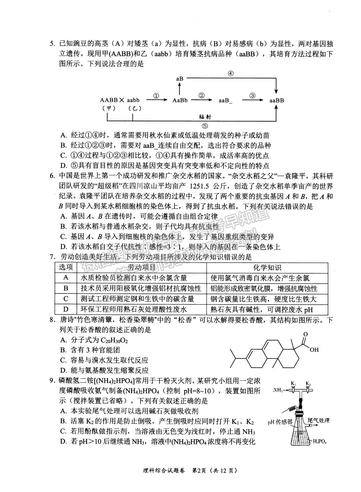 2024四川省绵阳市高中2021级第二次诊断性考试理综试题及参考答案